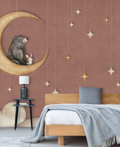 pink nursery mural called Bear on the Moon Pink from the Oliver Robins collection