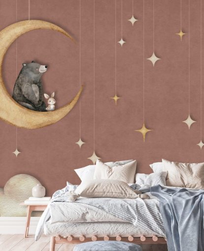 murale rosa per bambini chiamato Bear on the Moon Pink della collezione Oliver Robins