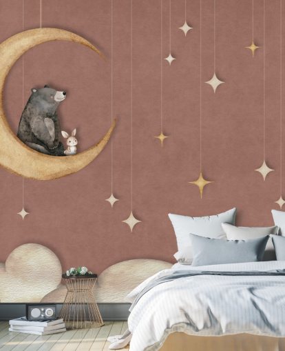 rosafarbenes Kinderzimmer-Wandbild namens Bear on the Moon Pink aus der Oliver Robins-Kollektion