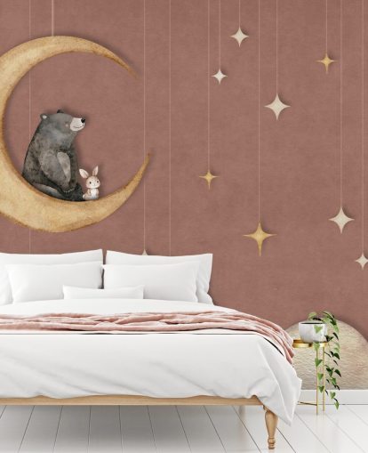 pink nursery mural called Bear on the Moon Pink from the Oliver Robins collection