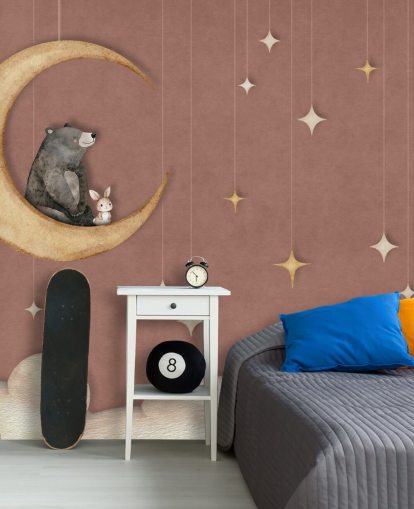 mural infantil rosa llamado Bear on the Moon Pink de la colección Oliver Robins