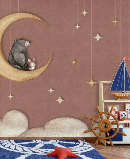 vaaleanpunainen lastentarhan seinämaalaus nimeltä Bear on the Moon Pink Oliver Robins -kokoelmasta vaaleanpunainen lastentarhan seinämaalaus nimeltä Bear on the Moon Pink Oliver Robins -kokoelmasta