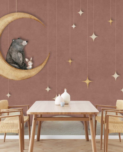 pink nursery mural called Bear on the Moon Pink from the Oliver Robins collection pink nursery mural called Bear on the Moon Pink from the Oliver Robins collection