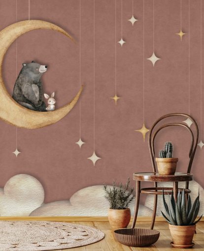 pink nursery mural called Bear on the Moon Pink from the Oliver Robins collection