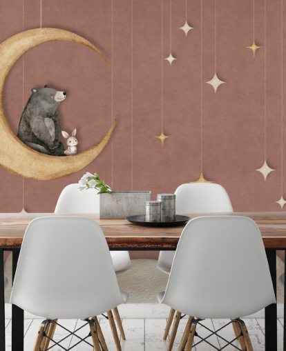 pink nursery mural called Bear on the Moon Pink from the Oliver Robins collection