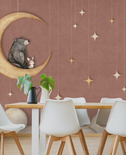 pink nursery mural called Bear on the Moon Pink from the Oliver Robins collection