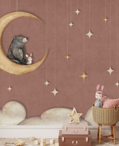 roze kindermuurschildering genaamd Bear on the Moon Pink uit de collectie van Oliver Robins