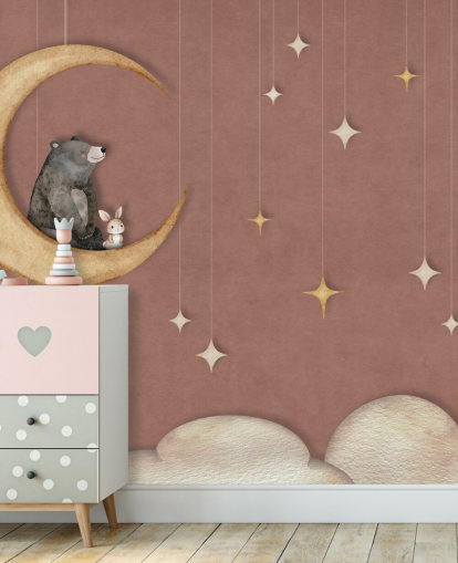 peinture murale rose pour chambre d'enfant appelée Bear on the Moon Pink de la collection Oliver Robins