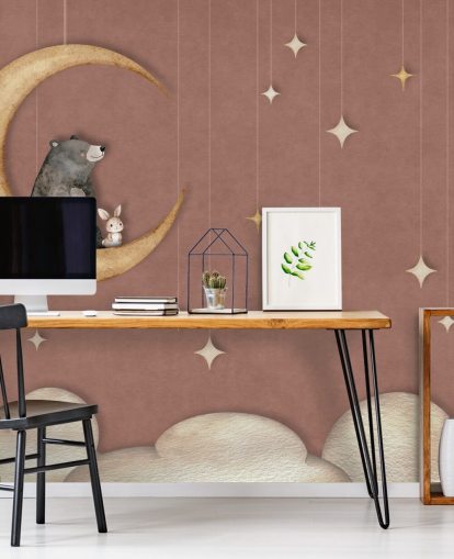 roze kindermuurschildering genaamd Bear on the Moon Pink uit de collectie van Oliver Robins roze kindermuurschildering genaamd Bear on the Moon Pink uit de collectie van Oliver Robins