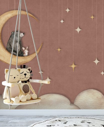 mural infantil rosa llamado Bear on the Moon Pink de la colección Oliver Robins