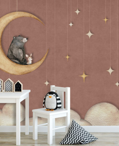 roze kindermuurschildering genaamd Bear on the Moon Pink uit de collectie van Oliver Robins roze kindermuurschildering genaamd Bear on the Moon Pink uit de collectie van Oliver Robins