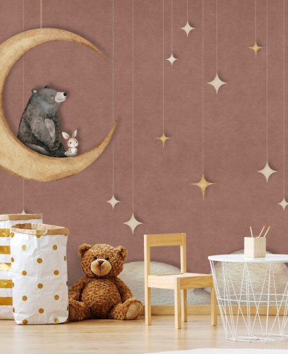 peinture murale rose pour chambre d'enfant appelée Bear on the Moon Pink de la collection Oliver Robins peinture murale rose pour chambre d'enfant appelée Bear on the Moon Pink de la collection Oliver Robins
