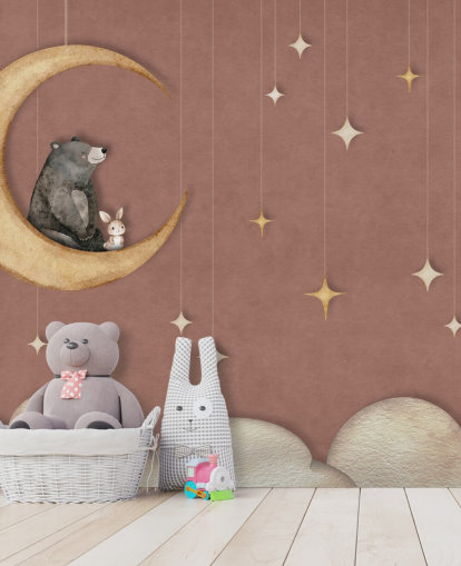 mural infantil rosa llamado Bear on the Moon Pink de la colección Oliver Robins
