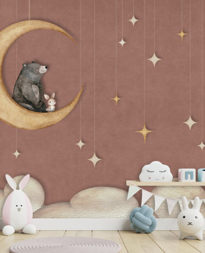 mural de berçário rosa chamado Bear on the Moon Pink da coleção Oliver Robins