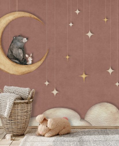peinture murale rose pour chambre d'enfant appelée Bear on the Moon Pink de la collection Oliver Robins peinture murale rose pour chambre d'enfant appelée Bear on the Moon Pink de la collection Oliver Robins