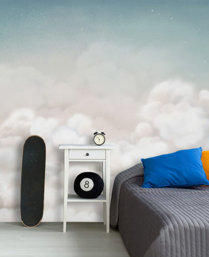 sinivalkoinen mukautettu lastentarhan seinämaalaus nimeltä Calming Clouds Blue Oliver Robins -kokoelmasta sinivalkoinen mukautettu lastentarhan seinämaalaus nimeltä Calming Clouds Blue Oliver Robins -kokoelmasta