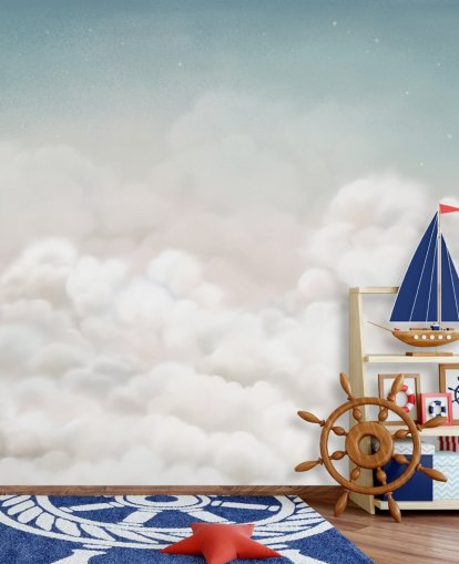 sinivalkoinen mukautettu lastentarhan seinämaalaus nimeltä Calming Clouds Blue Oliver Robins -kokoelmasta