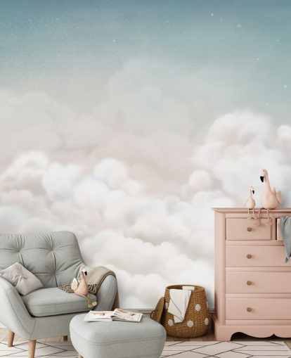 blue and white custom nursery mural called Calming Clouds Blue from the Oliver Robins collection