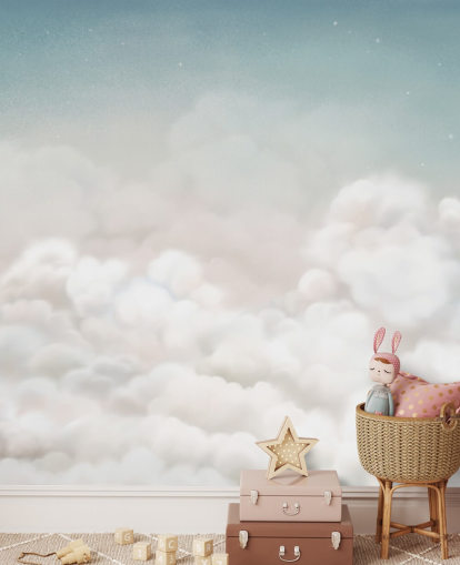 mural infantil personalizado en blanco y azul llamado Calming Clouds Blue de la colección Oliver Robins