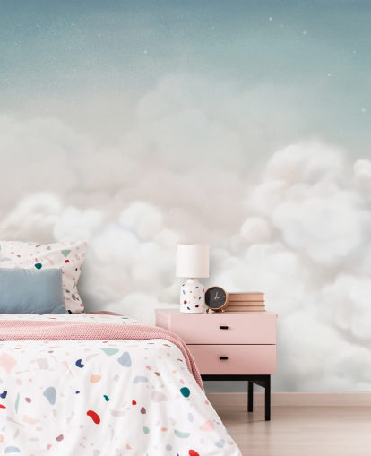 blue and white custom nursery mural called Calming Clouds Blue from the Oliver Robins collection blue and white custom nursery mural called Calming Clouds Blue from the Oliver Robins collection