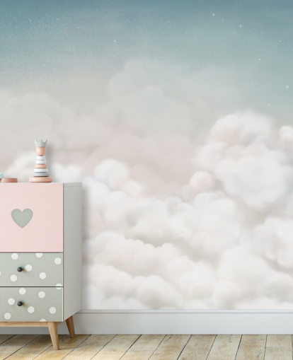 mural infantil personalizado en blanco y azul llamado Calming Clouds Blue de la colección Oliver Robins mural infantil personalizado en blanco y azul llamado Calming Clouds Blue de la colección Oliver Robins