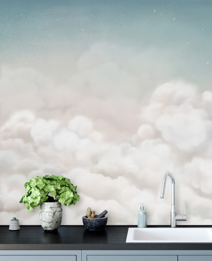 blue and white custom nursery mural called Calming Clouds Blue from the Oliver Robins collection
