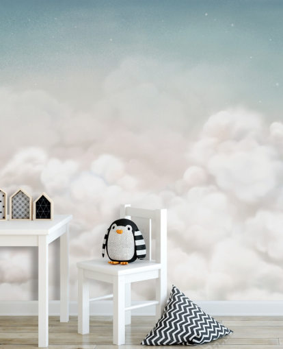 peinture murale personnalisée bleue et blanche pour chambre d'enfant appelée Calming Clouds Blue de la collection Oliver Robins