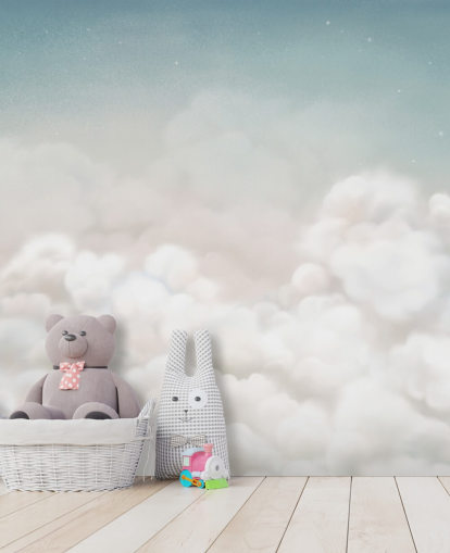 blauw-witte kinderkamermuurschildering op maat genaamd Calming Clouds Blue uit de Oliver Robins-collectie blauw-witte kinderkamermuurschildering op maat genaamd Calming Clouds Blue uit de Oliver Robins-collectie