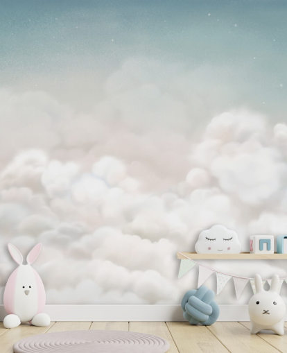 blå och vit anpassad barnkammarmålning som heter Calming Clouds Blue från Oliver Robins-kollektionen