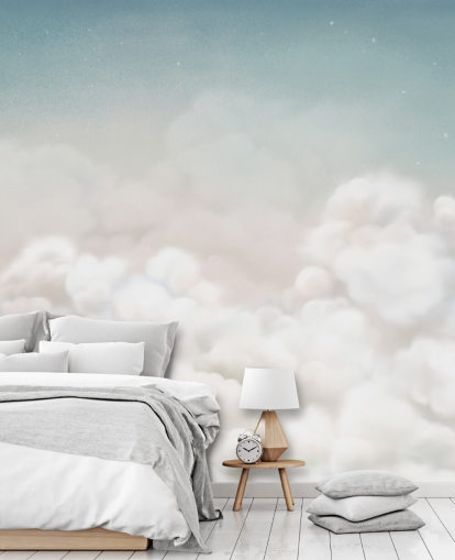 mural infantil personalizado en blanco y azul llamado Calming Clouds Blue de la colección Oliver Robins