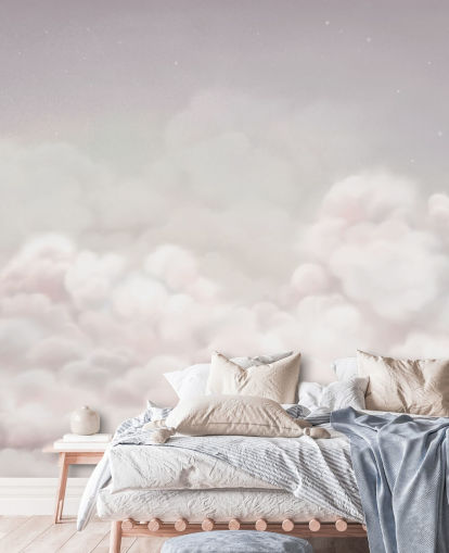 pink customisable nursery mural called Calming Clouds Pink from the Oliver Robins collection