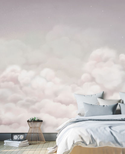 pink customizable nursery mural called Calming Clouds Pink from the Oliver Robins collection