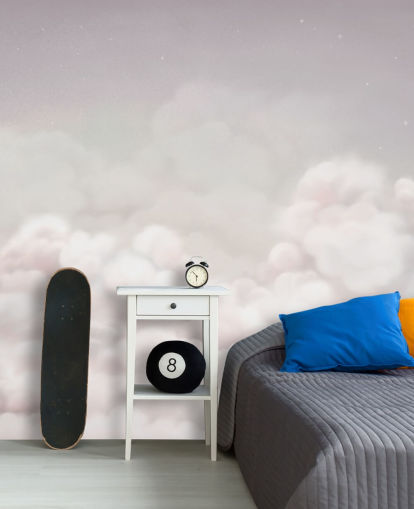 pink customisable nursery mural called Calming Clouds Pink from the Oliver Robins collection