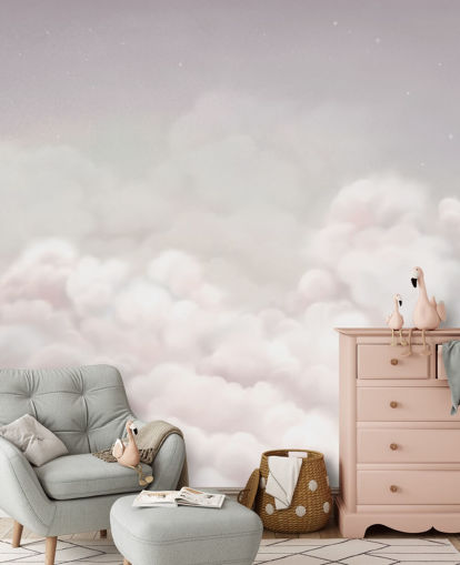 vaaleanpunainen räätälöitävä lastentarhan seinämaalaus nimeltä Calming Clouds Pink Oliver Robins -kokoelmasta