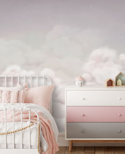 roze aanpasbare kinderkamermuurschildering genaamd Calming Clouds Pink uit de Oliver Robins-collectie