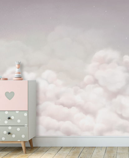 lyserødt tilpasseligt børnehavevægmaleri kaldet Calming Clouds Pink fra Oliver Robins-kollektionen