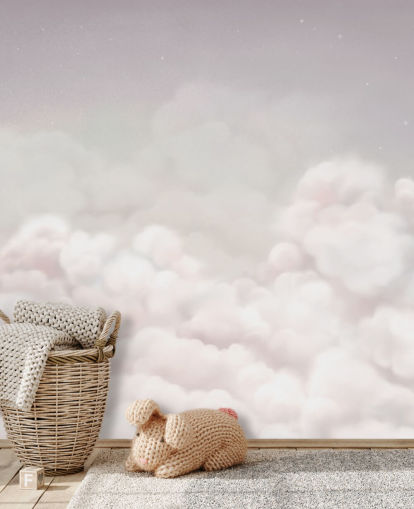 vaaleanpunainen räätälöitävä lastentarhan seinämaalaus nimeltä Calming Clouds Pink Oliver Robins -kokoelmasta