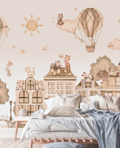 customisable cat mural for kids called City Cats Monochrome