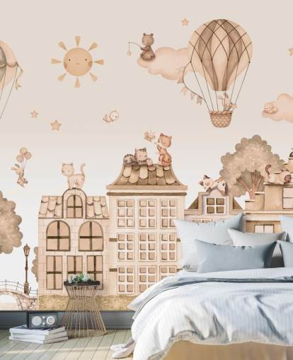 customisable cat mural for kids called City Cats Monochrome customisable cat mural for kids called City Cats Monochrome