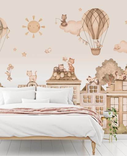 customisable cat mural for kids called City Cats Monochrome