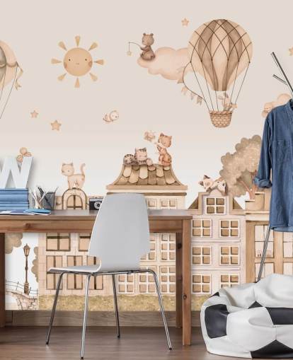 customisable cat mural for kids called City Cats Monochrome