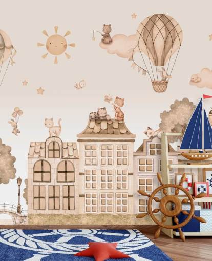 customizable cat mural for kids called City Cats Monochrome