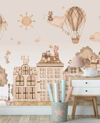 customisable cat mural for kids called City Cats Monochrome