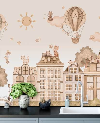 customizable cat mural for kids called City Cats Monochrome