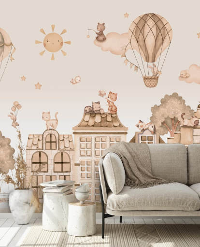 customisable cat mural for kids called City Cats Monochrome