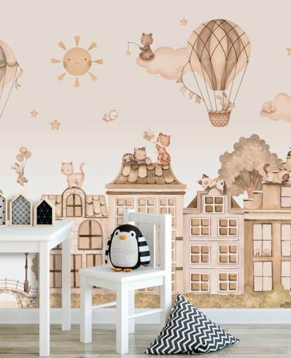 customizable cat mural for kids called City Cats Monochrome