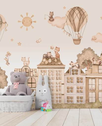 aanpasbare kattenmuurschildering voor kinderen genaamd City Cats Monochrome