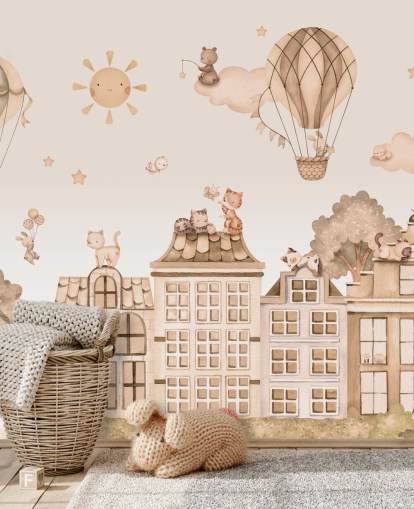 murale personalizzabile con gatti per bambini chiamato City Cats Monochrome