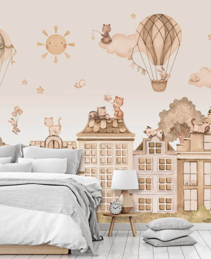 customisable cat mural for kids called City Cats Monochrome
