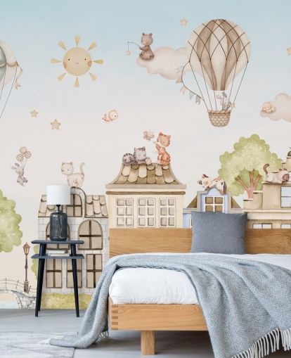 custom children's mural called City Cats from the Oliver Robins collection for bedrooms